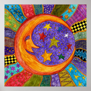 Colourful Sun, Moon and Stars Poster  24" x 24"