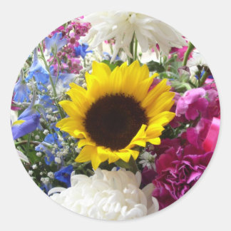 Colourful sunflower bouquet classic round sticker