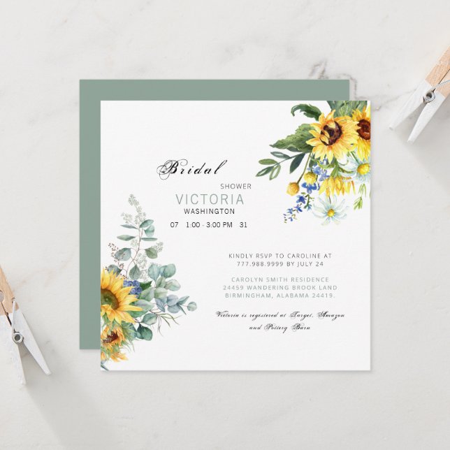 Colourful Sunflower Bridal Shower Sage  Invitation (Front/Back In Situ)