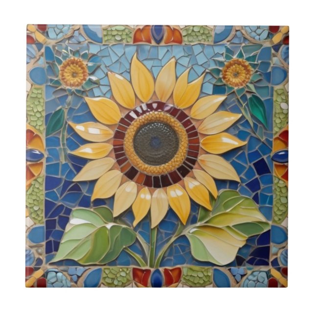 Colourful Sunflower Faux Mosaic Blue Ceramic Tile (Front)