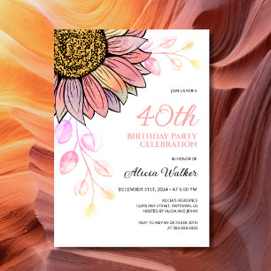 Colourful Sunflower Floral Peach Leaf Birthday Invitation
