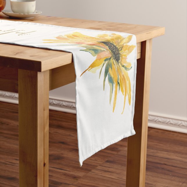 Colourful Sunflower Grateful Thankful White Medium Table Runner (In Situ)