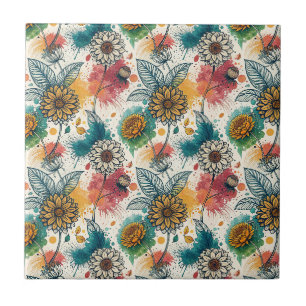 Colourful Sunflower Paint Splatter Artwork Pattern Ceramic Tile