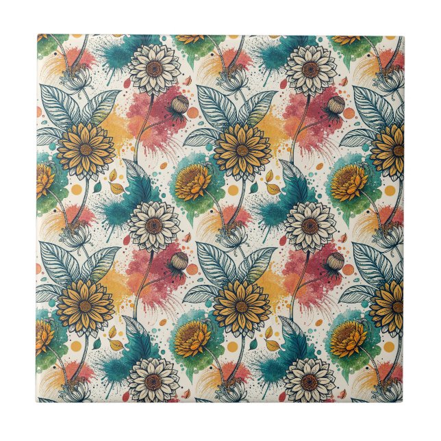 Colourful Sunflower Paint Splatter Artwork Pattern Ceramic Tile (Front)