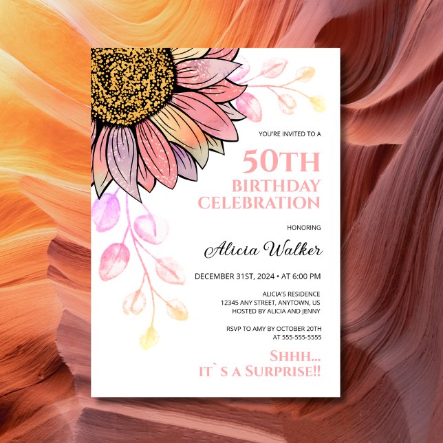 Colourful Sunflower Peach Leaf Surprise Birthday  Invitation (Creator Uploaded)