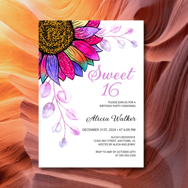 Colourful Sunflower Purple Leaf 16th Birthday  Invitation (Creator Uploaded)