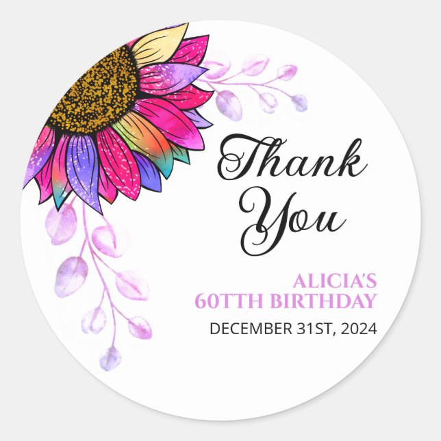 Colourful Sunflower Purple Leaf Birthday Thank You Classic Round Sticker (Front)