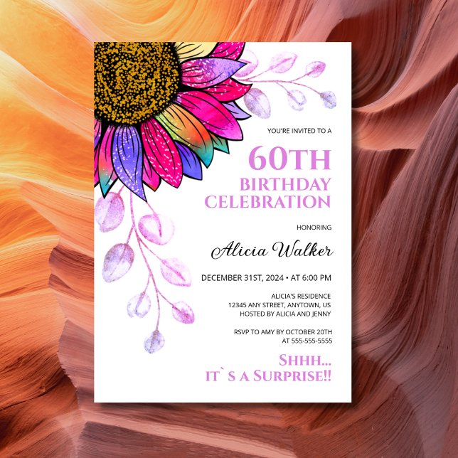 Colourful Sunflower Purple Leaf Surprise Birthday  Invitation (Creator Uploaded)