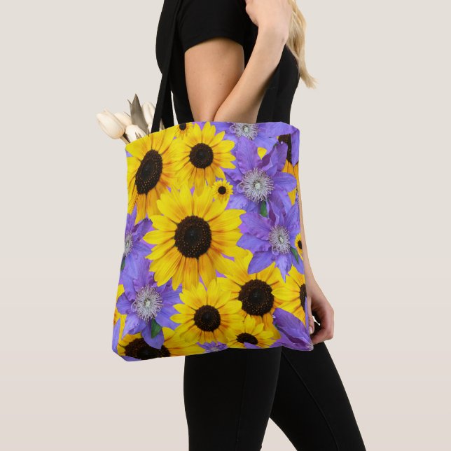 Colourful Sunflower Yellow & Purple Floral Pattern Tote Bag (Close Up)