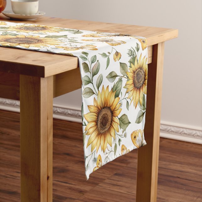 Colourful sunflowers & butterflies in bloom short table runner (In Situ)