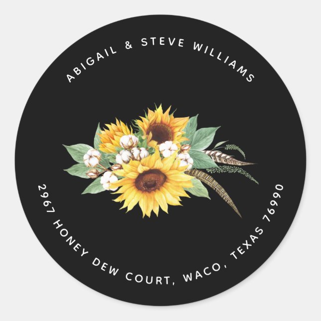 Colourful Sunflowers & Cotton Black Return Address Classic Round Sticker (Front)