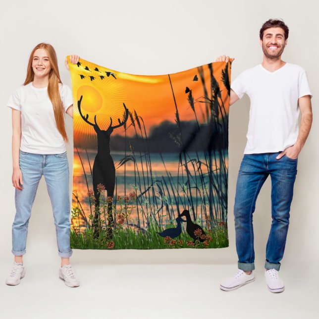 Colourful Sunny Lake Scene Fleece Blanket (In Situ)