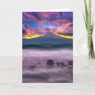 Colourful sunrise over Mt Hood and Portland Oregon Holiday Card