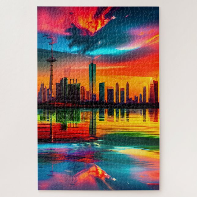 Colourful Sunset Cityscape Art            Jigsaw Puzzle (Vertical)