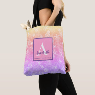 Colourful Sunset Snowflake Monogram Name Tote Bag
