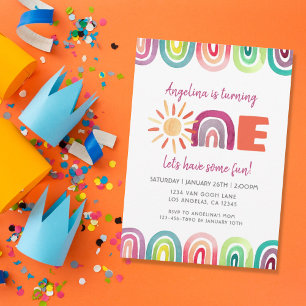 Colourful Sunshine Rainbow 1st Birthday Watercolor Invitation