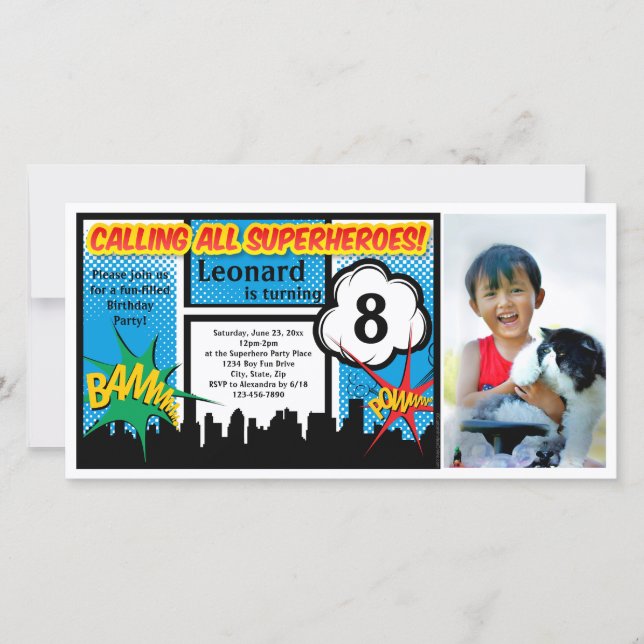 Colourful Superhero Comic Boy's Birthday Party (Front)