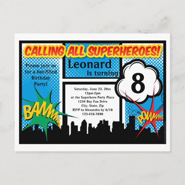 Colourful Superhero Comic Boy's Birthday Party Invitation Postcard (Front)