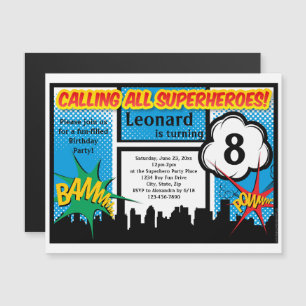 Colourful Superhero Comic Boy's Birthday Party Magnetic Invitation