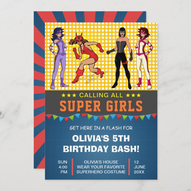 Colourful Superhero Girls Birthday Party Invitatio Invitation (Front/Back)