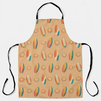 Colourful surfboards and suns against golden sand. apron