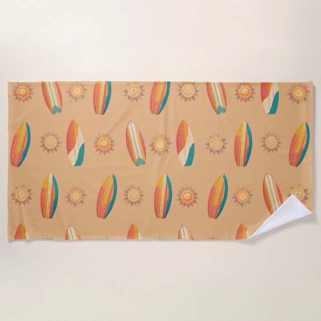 Colourful surfboards and suns against golden sand. beach towel (Front)