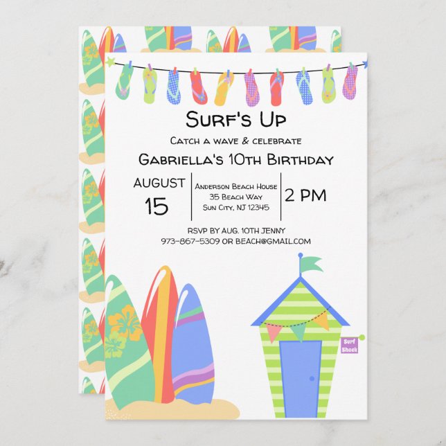 Colourful Surf's Up Beach Birthday Invitation (Front/Back)