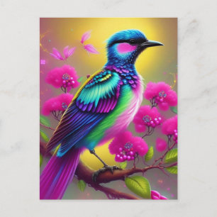 Colourful Surreal Bird Pink Flowers Postcard