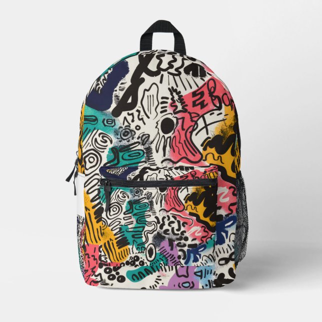 Colourful Surreal Cartoon Faces Pattern Printed Backpack (Front)