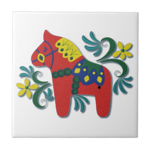 Colourful Swedish Dala Horse Scandinavian Ceramic Tile