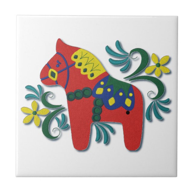 Colourful Swedish Dala Horse Scandinavian Ceramic Tile (Front)