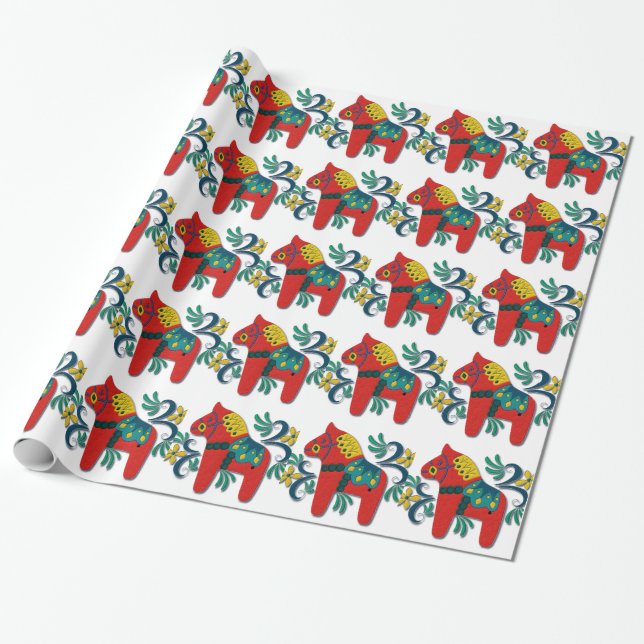 Colourful Swedish Dala Horse Wrapping Paper (Unrolled)