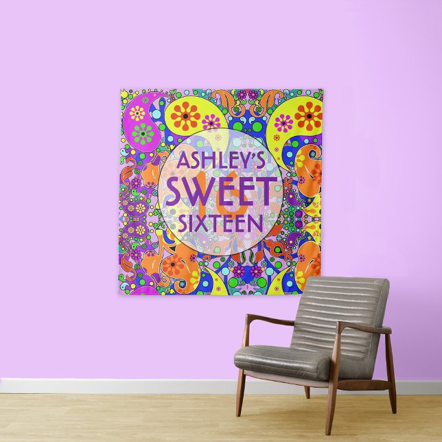 Colourful Sweet 16 Birthday Backdrop Tapestry (Creator Uploaded)