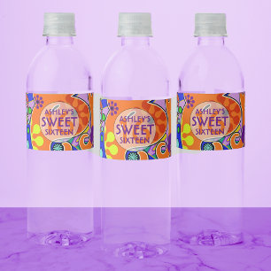 Colourful Sweet 16 Birthday Water Bottle Label