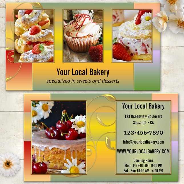 Colourful Sweet Bakery Dessert Photo Business Card (Bakery photo business card featuring sweet cakes and desserts framed by an artistic colorful design)