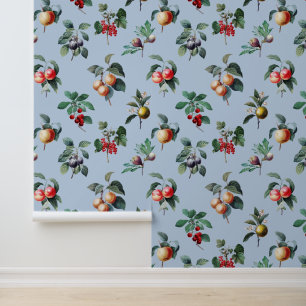 Colourful Sweet Botanical Vintage Fruit on Blue Wallpaper