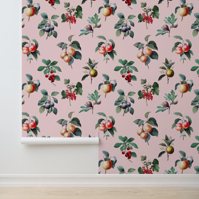 Colourful Sweet Botanical Vintage Fruit on Pink Wallpaper (Application)