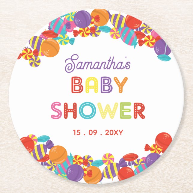 Colourful Sweet Fun Candy Baby Shower Round Paper Coaster (Front)