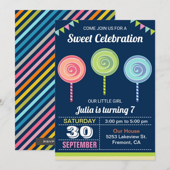 Colourful Sweet Lollipops Birthday Party Invitatio Invitation (Front/Back)