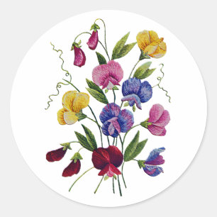 Colourful Sweet Peas Embroidered Classic Round Sticker