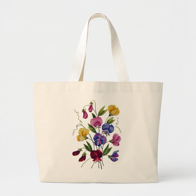 Colourful Sweet Peas Embroidered Large Tote Bag (Front)