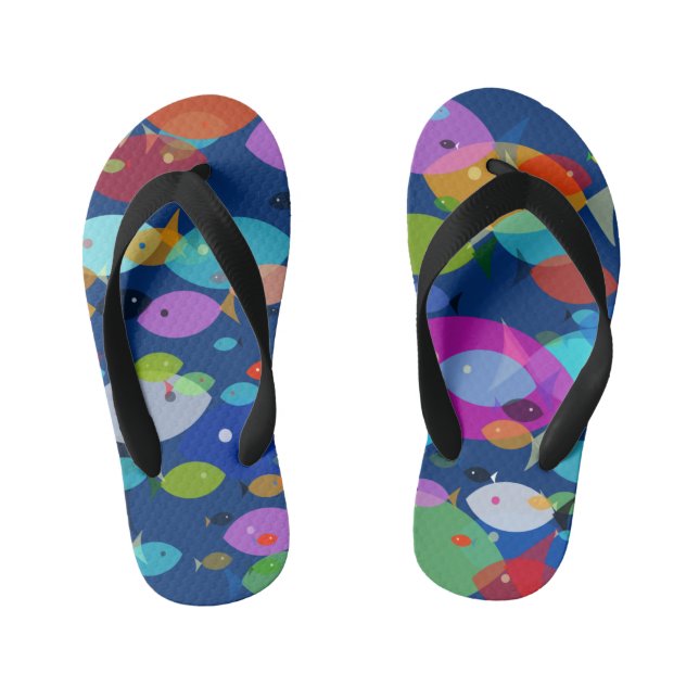 Colourful Swimming Fish Abstract Pattern Blue Kid's Thongs (Footbed)