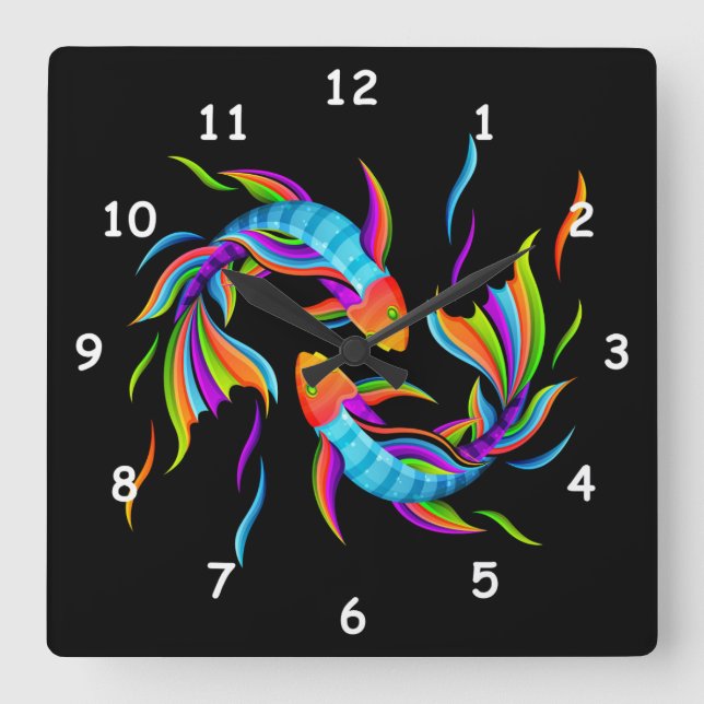 Colourful Swimming Fish or Yin and Yang Symbol Square Wall Clock (Front)
