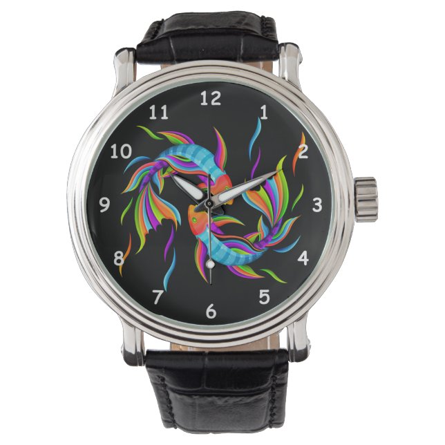 Colourful Swimming Fish or Yin and Yang Symbol Watch (Front)