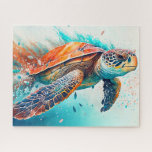 Colourful Swimming Sea Turtle Jigsaw Puzzle<br><div class="desc">This creative jigsaw puzzle features an illustration of an adorable sea tortoise swimming. Please feel free to adjust all the available options as you wish.</div>