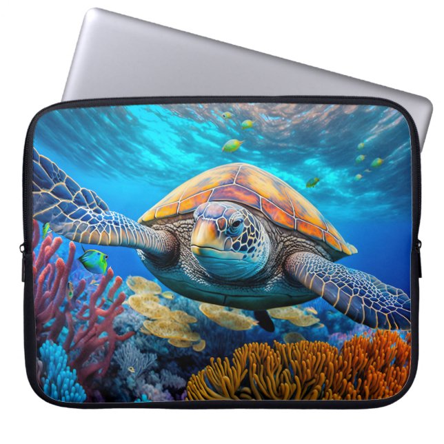 Colourful Swimming Sea Turtle Laptop Sleeve (Front)