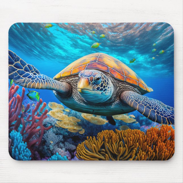 Colourful Swimming Sea Turtle Mouse Pad (Front)