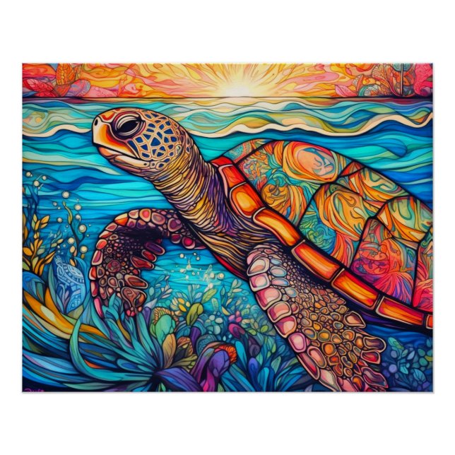 Colourful Swimming Sea Turtle Poster (Front)