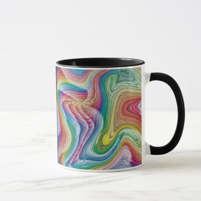 Colourful swirl pattern on black background mug (Right)