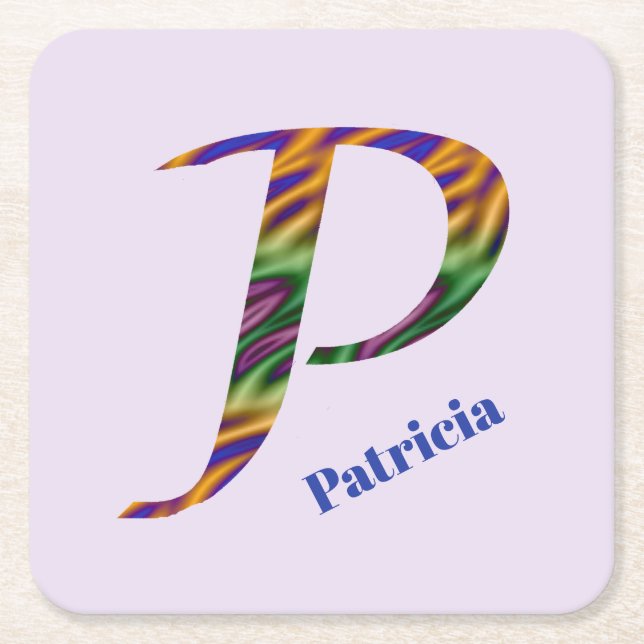 Colourful Swirled Colours Letter P Monogram Initia Square Paper Coaster (Front)